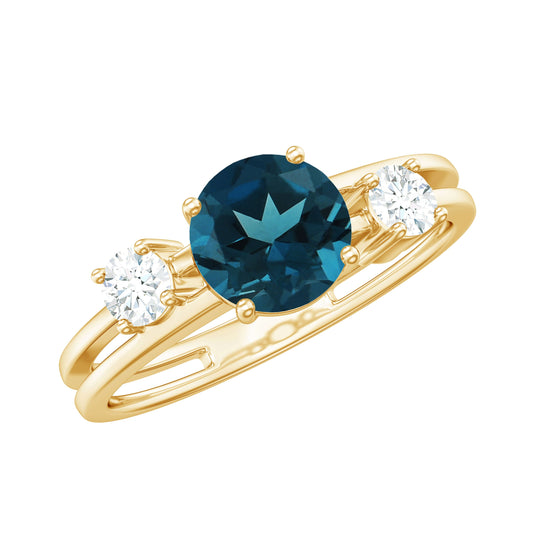 1.3 Carat Round London Blue Topaz Double Band Engagement Ring with Diamond