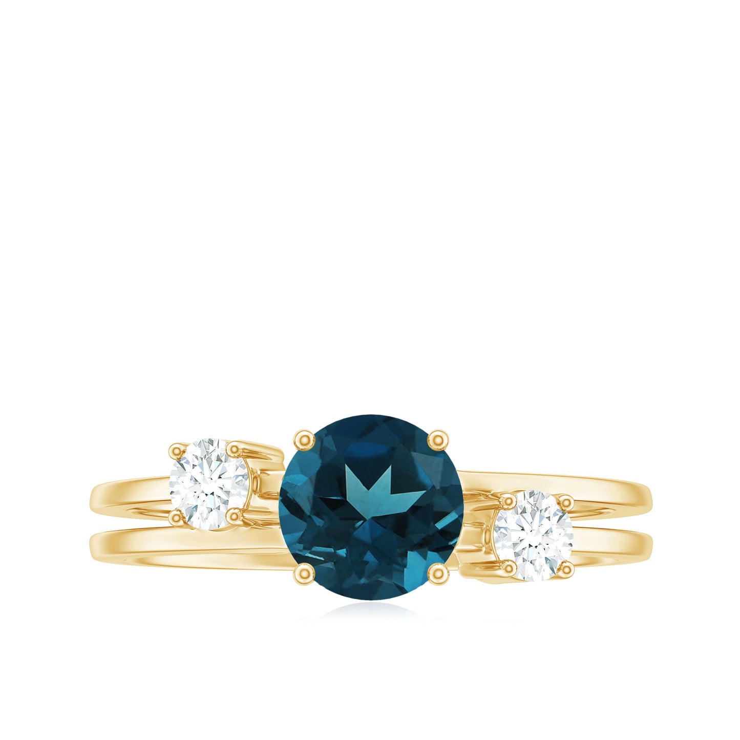 1.3 Carat Round London Blue Topaz Double Band Engagement Ring with Diamond