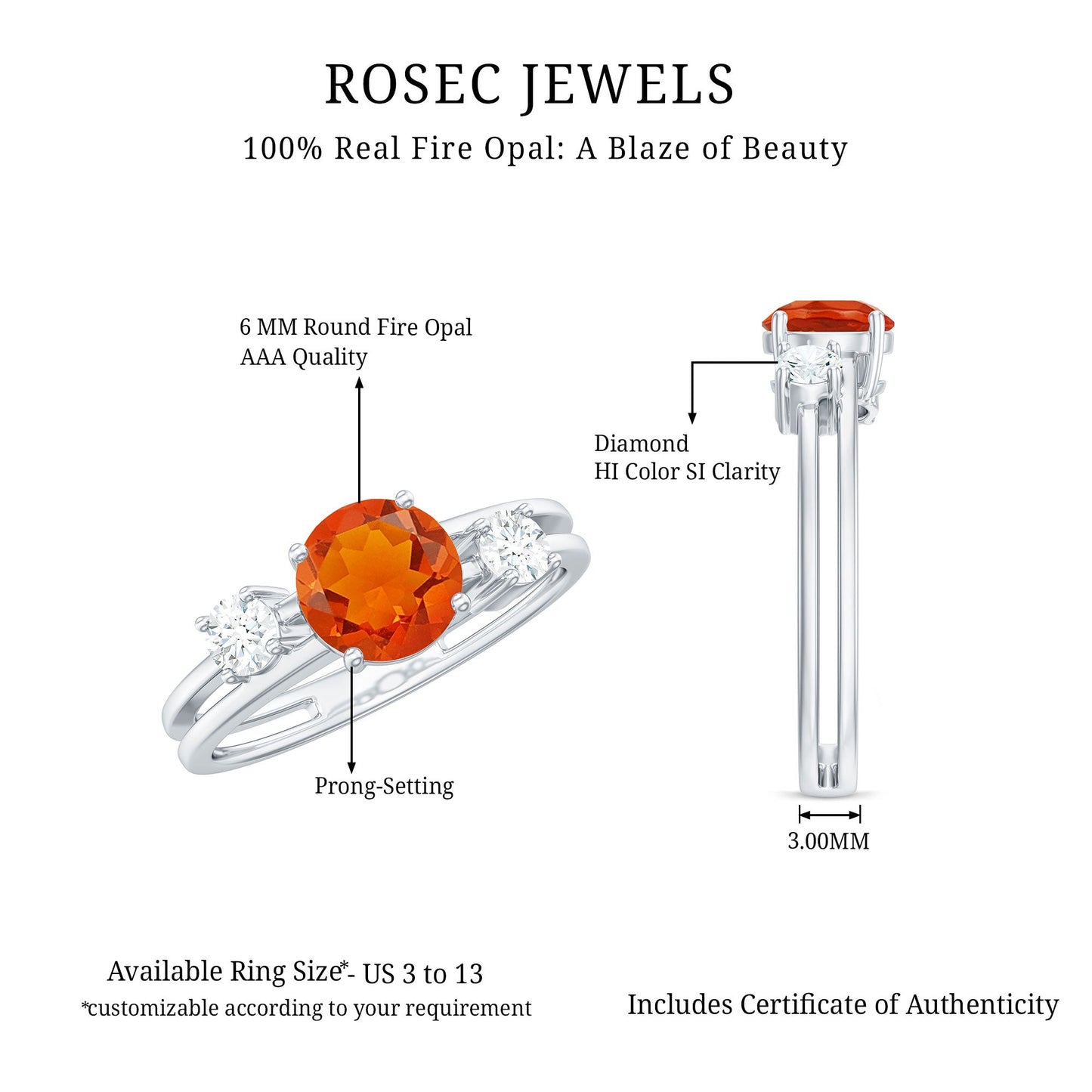 Double Band Engagement Ring with Fire Opal and Diamond