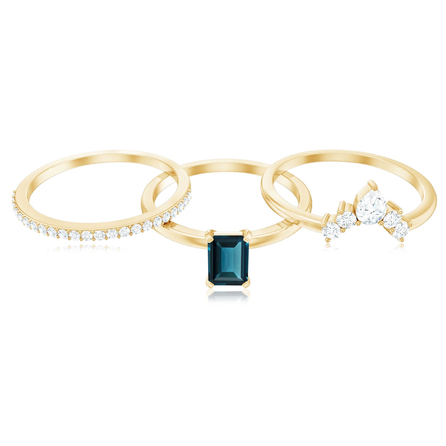 0.7 Carat Emerald Cut London Blue Topaz Solitaire Trio Ring Set with Diamond