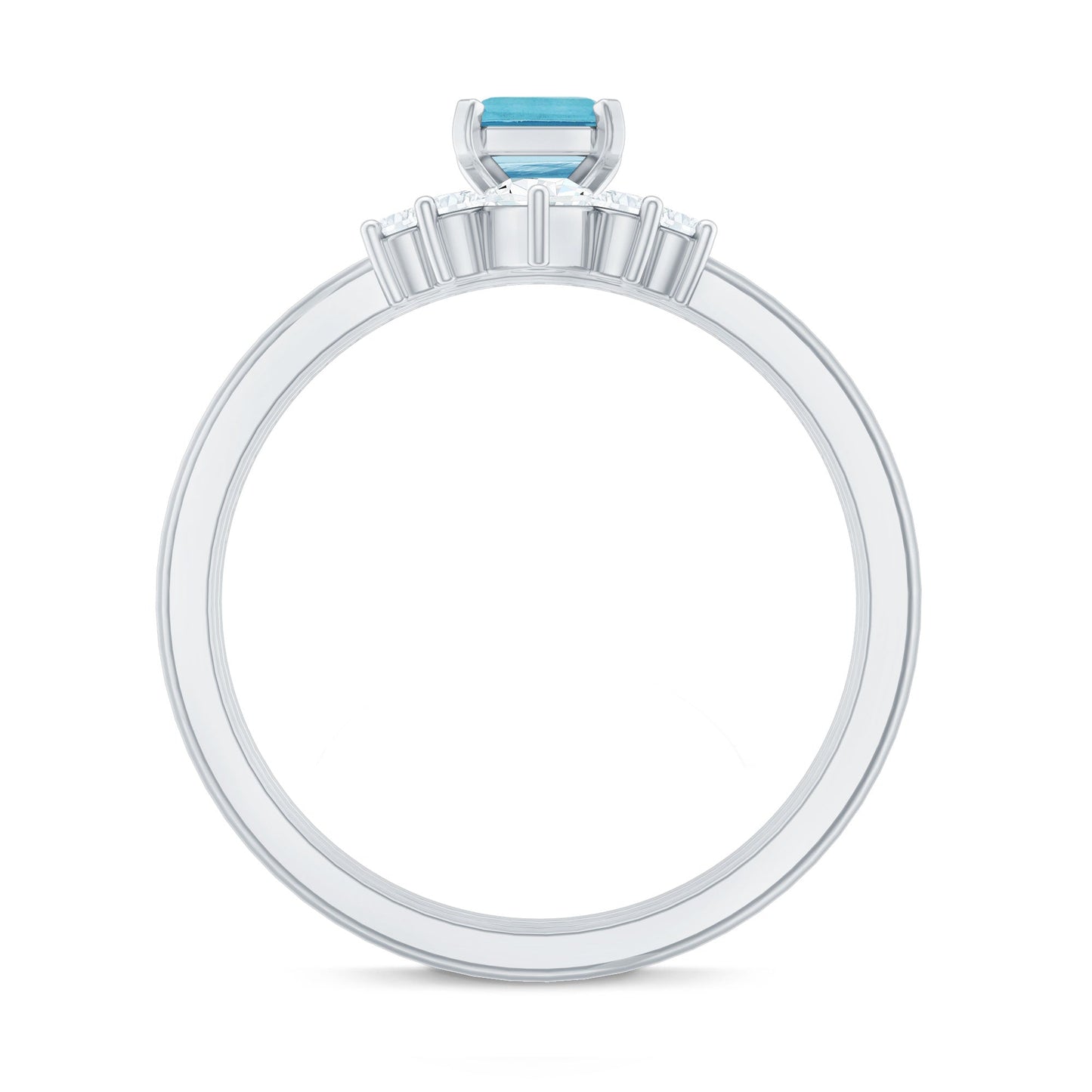 Emerald Cut 0.6 Carat Aquamarine Solitaire Ring Set of 3 with Diamond