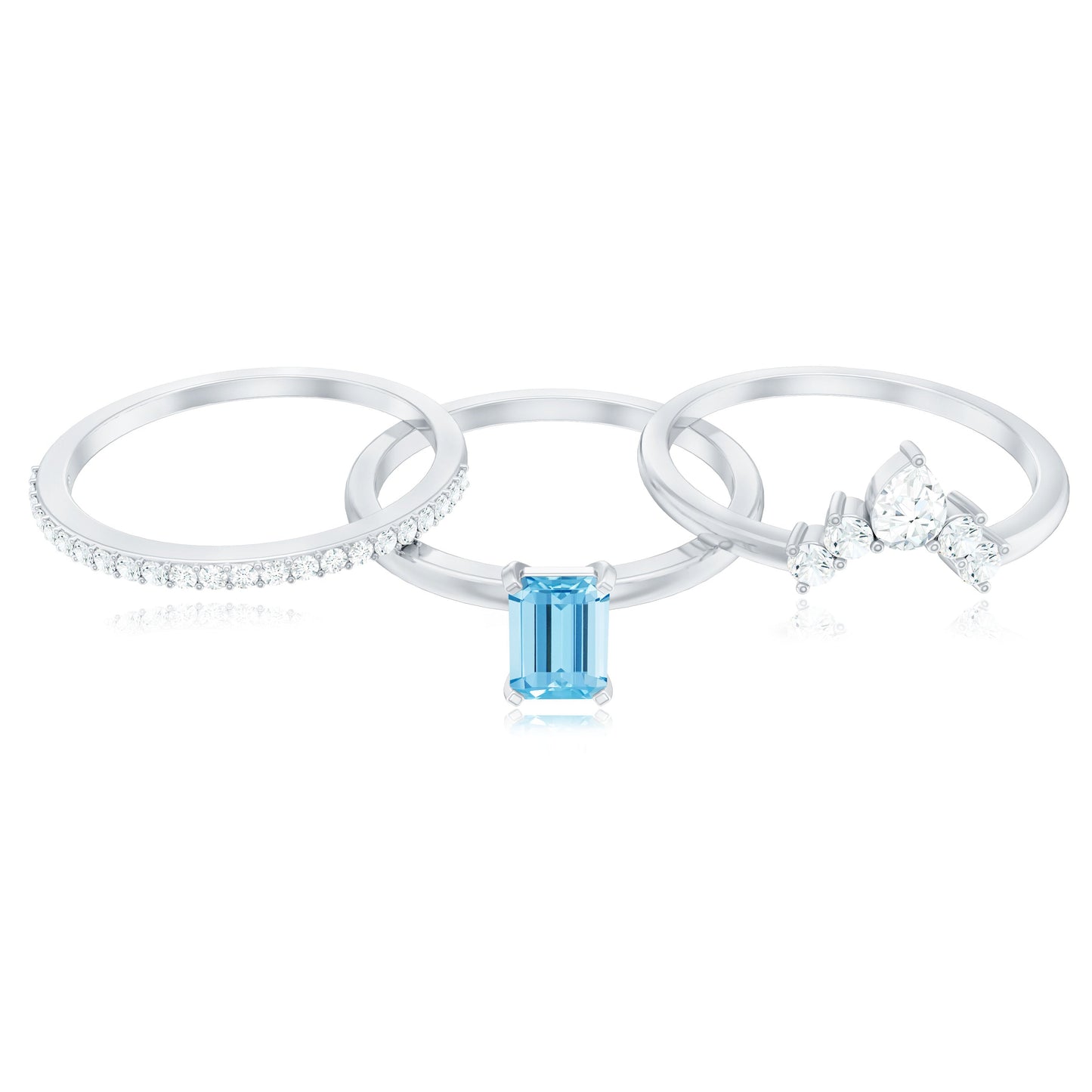 Emerald Cut 0.6 Carat Aquamarine Solitaire Ring Set of 3 with Diamond