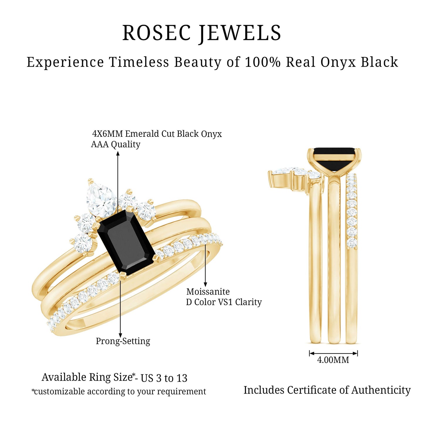 Emerald Cut Black Onyx and Diamond Trio Wedding Ring Set