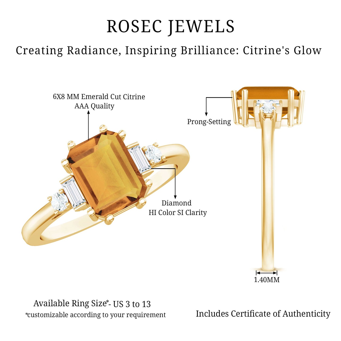 Certified Natural Citrine Emerald Cut Engagement Ring with Diamond