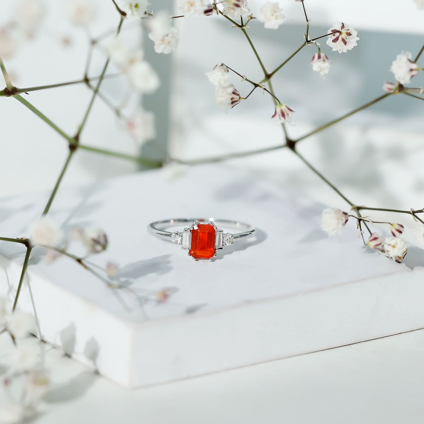 1 CT Emerald Cut Fire Opal Engagement Ring with Diamond