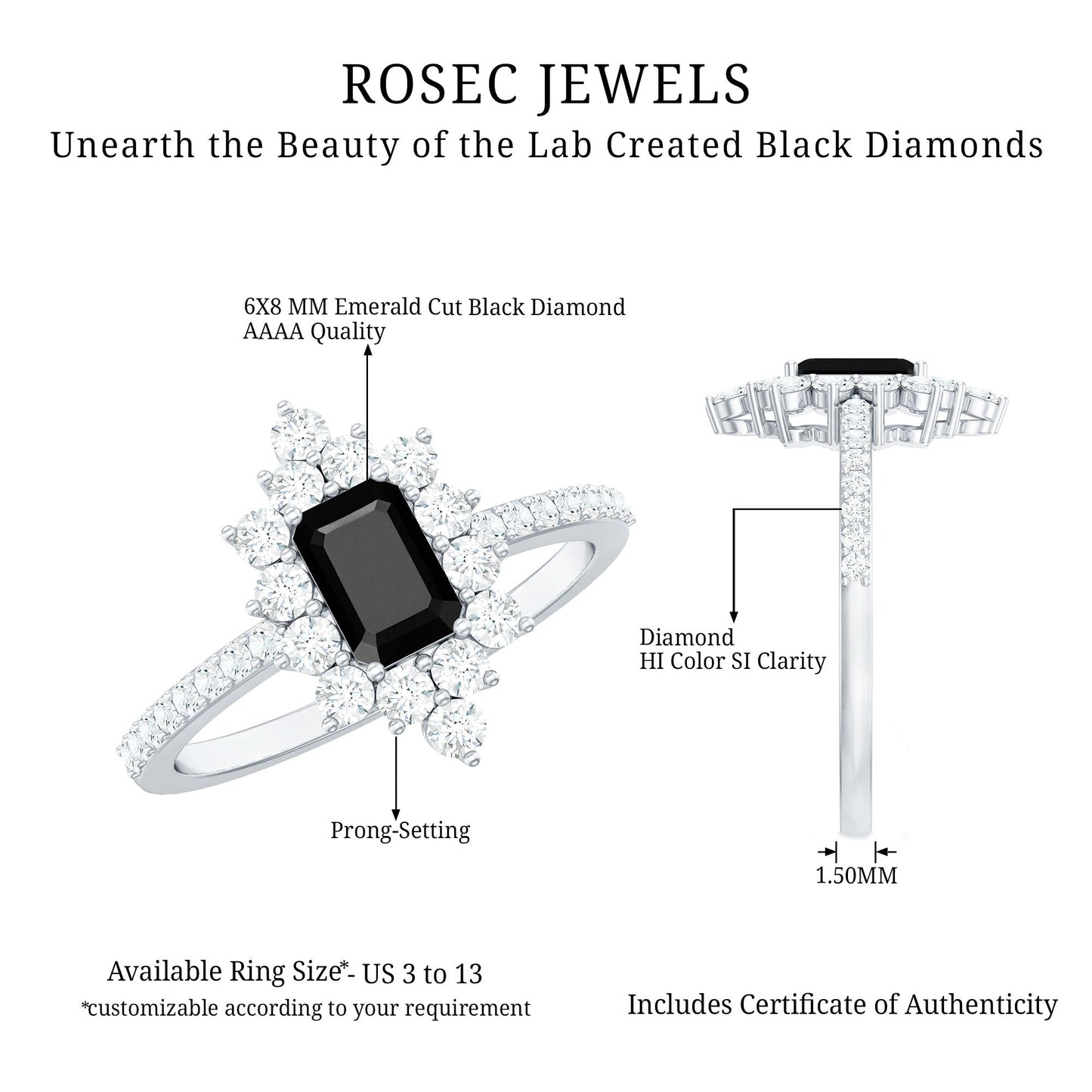 Vintage Style 1.6 Carat Lab Grown Black and White Diamond Emerald Cut Engagement Ring