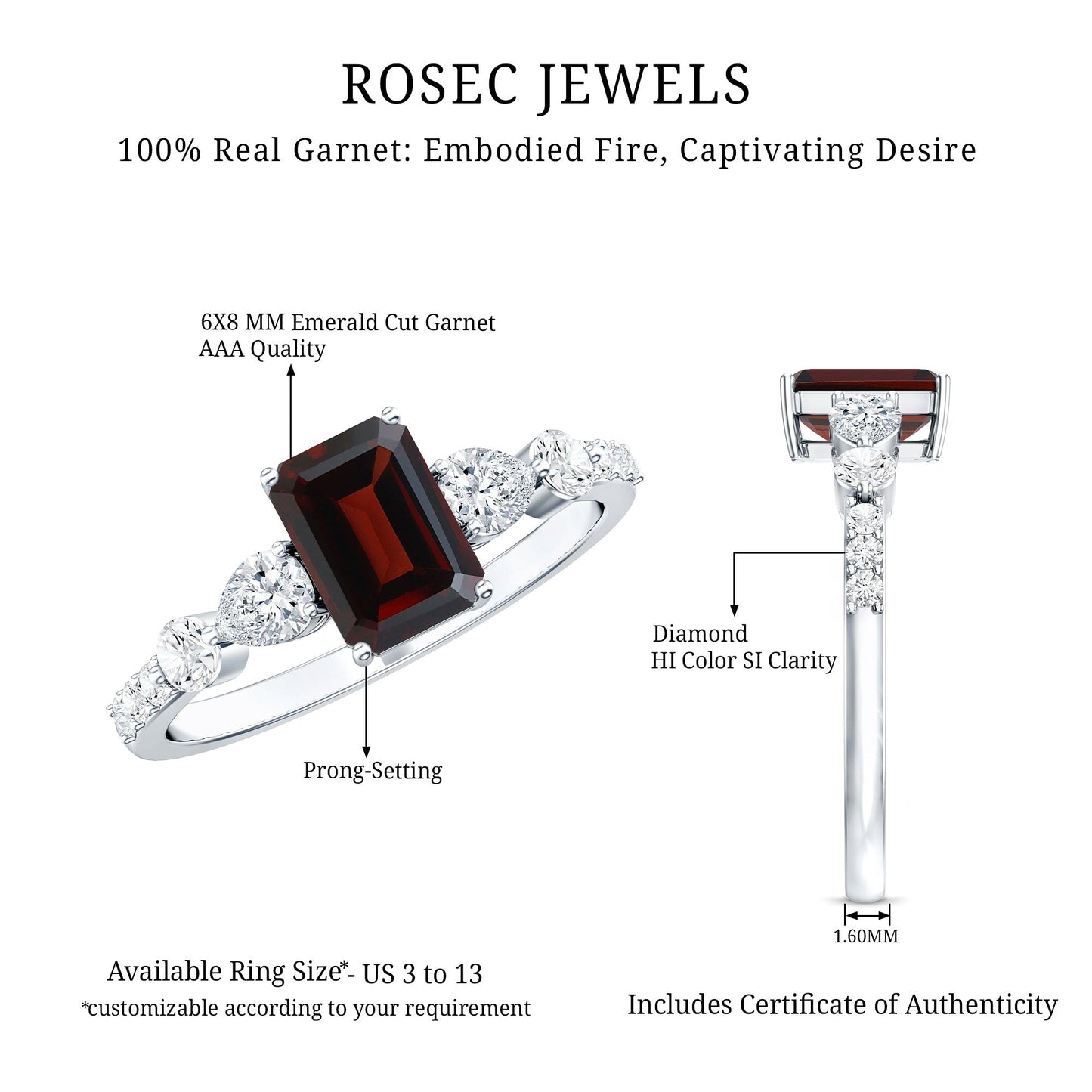 Genuine Garnet Emerald Cut Engagement Ring with Diamond Side Stones