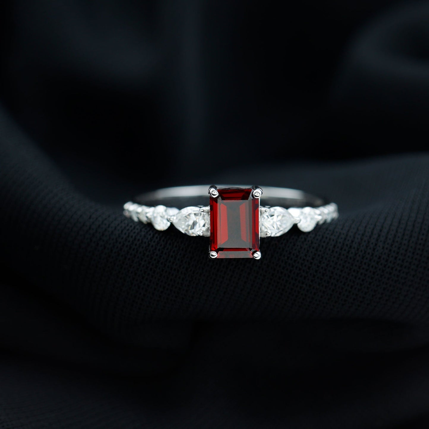 Genuine Garnet Emerald Cut Engagement Ring with Diamond Side Stones