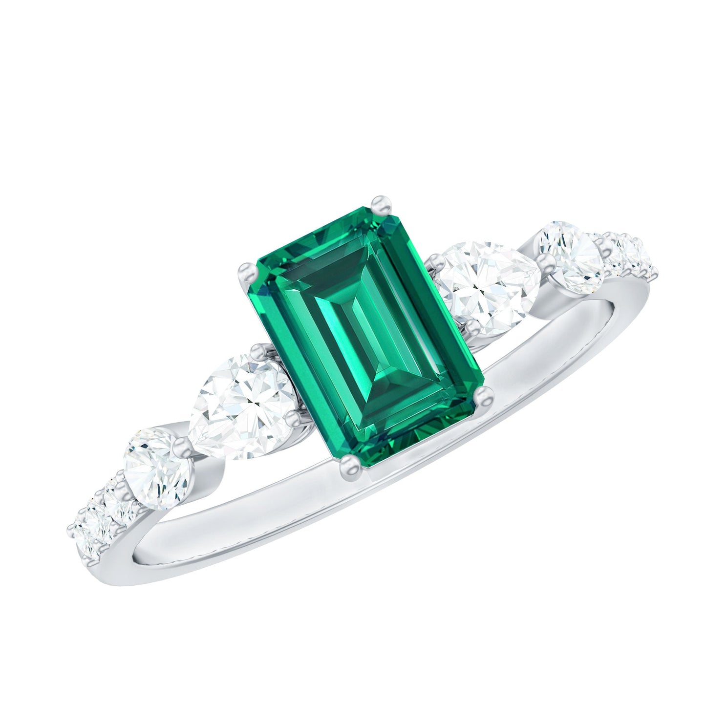 Certified Lab Grown Emerald Cut Emerald Engagement Ring with Side Stones