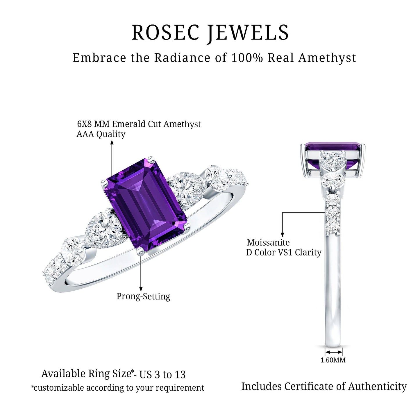 Real 1.4 Carat Emerald Cut Amethyst Engagement Ring with Moissanite