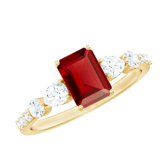Certified 2.2 Carat Lab Grown Ruby Emerald Cut Engagement Ring with Side Stones