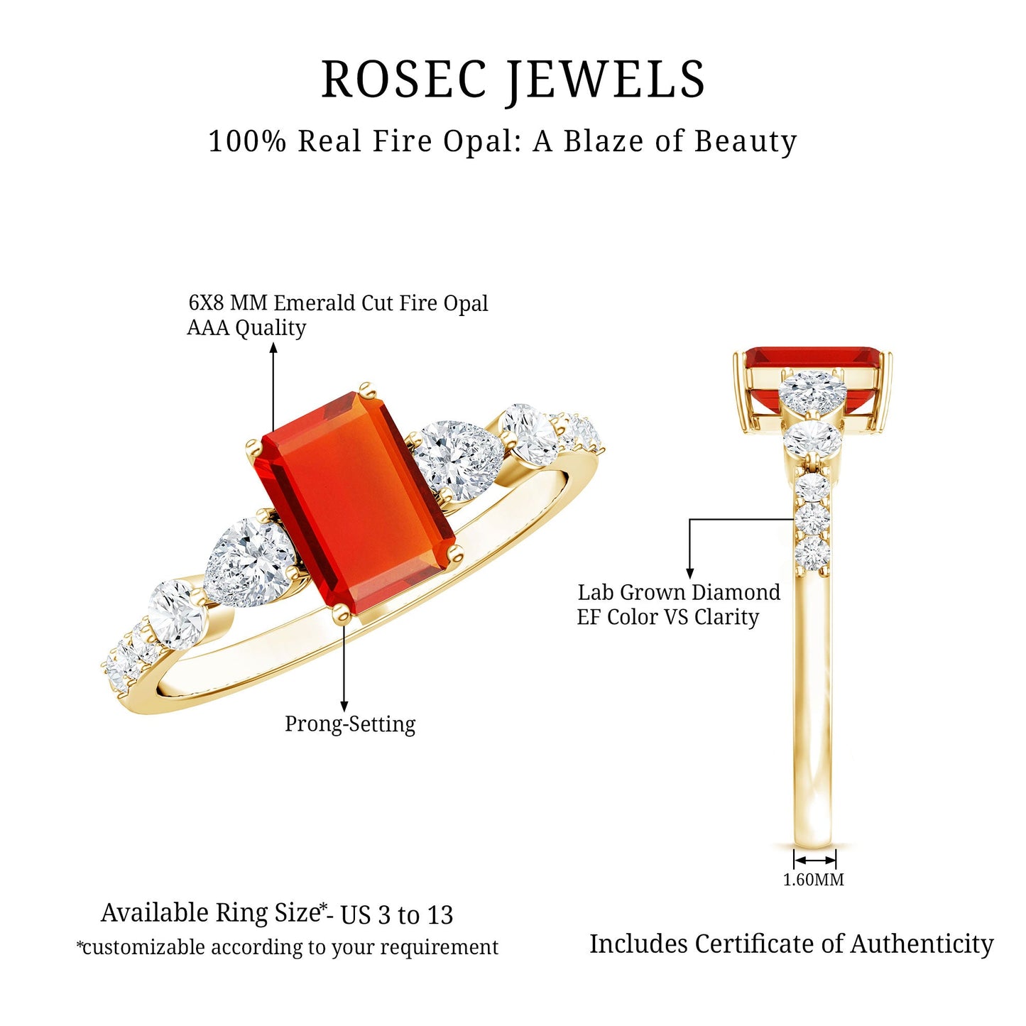 1 Carat Fire Opal Emerald Cut Engagement Ring with Diamond Side Stones