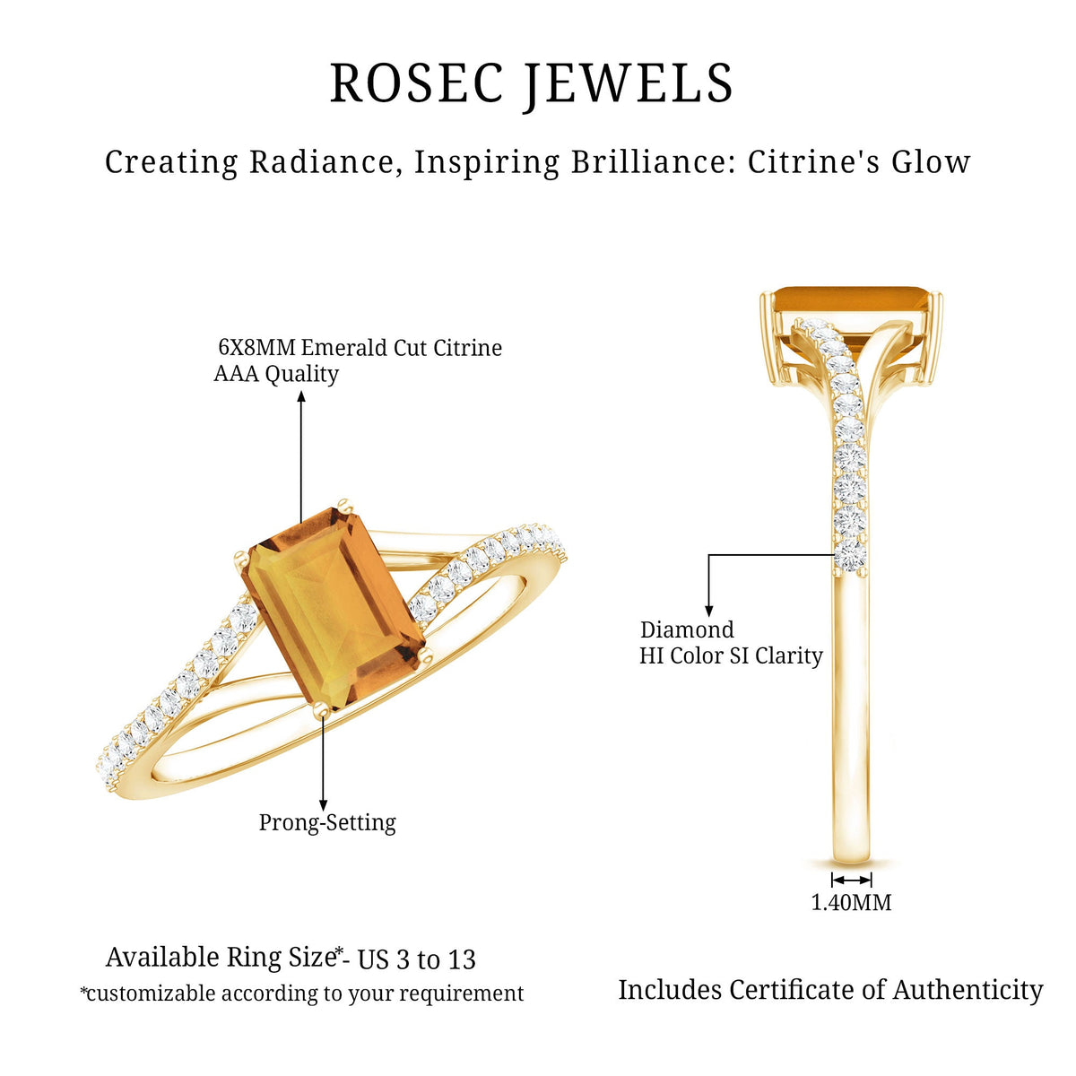 Real Citrine Emerald Cut Engagement Ring with Diamond Split Shank