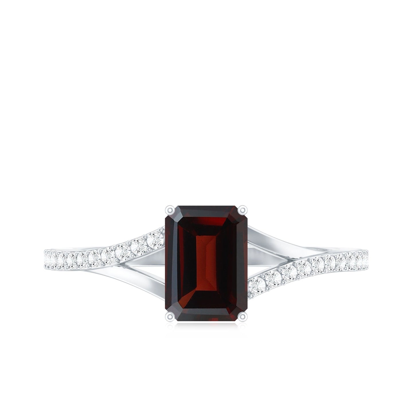 Certified Natural Garnet Emerald Cut Engagement Ring with Diamond Split Shank