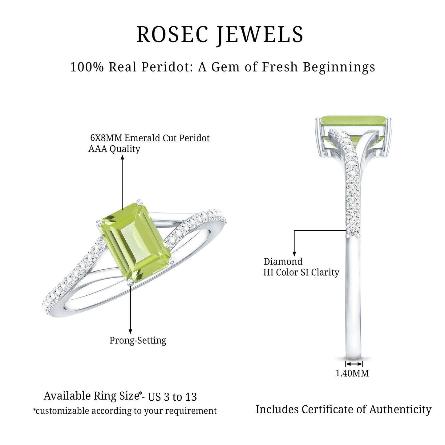 1.8 Carat Peridot Emerald Cut Engagement Ring with Diamond Split Shank