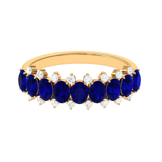 Natural Oval Blue Sapphire Half Eternity Band with Diamond