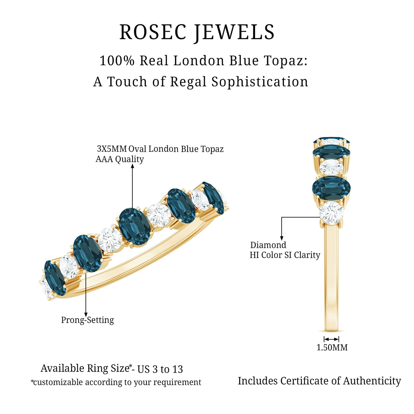 Oval London Blue Topaz Half Eternity Band Ring with Diamond