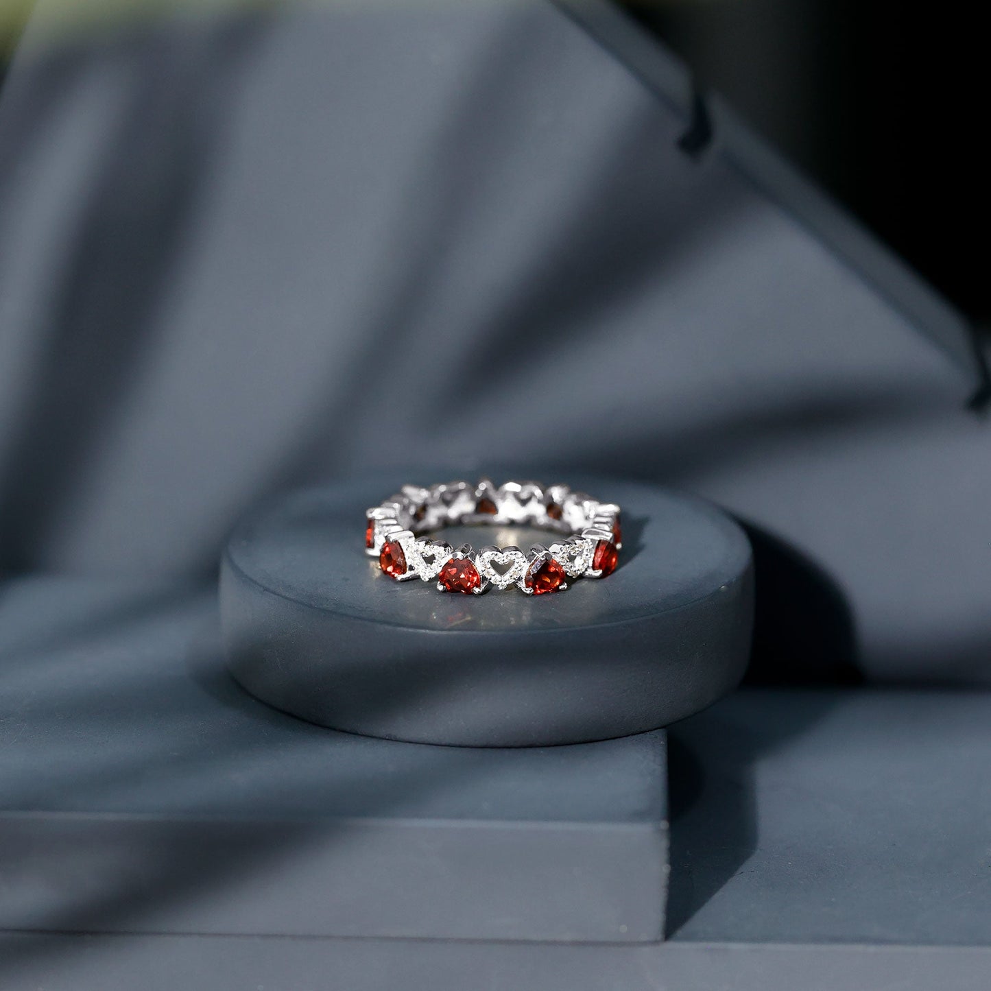 Natural Garnet Diamond Heart Eternity Ring for Anniversary