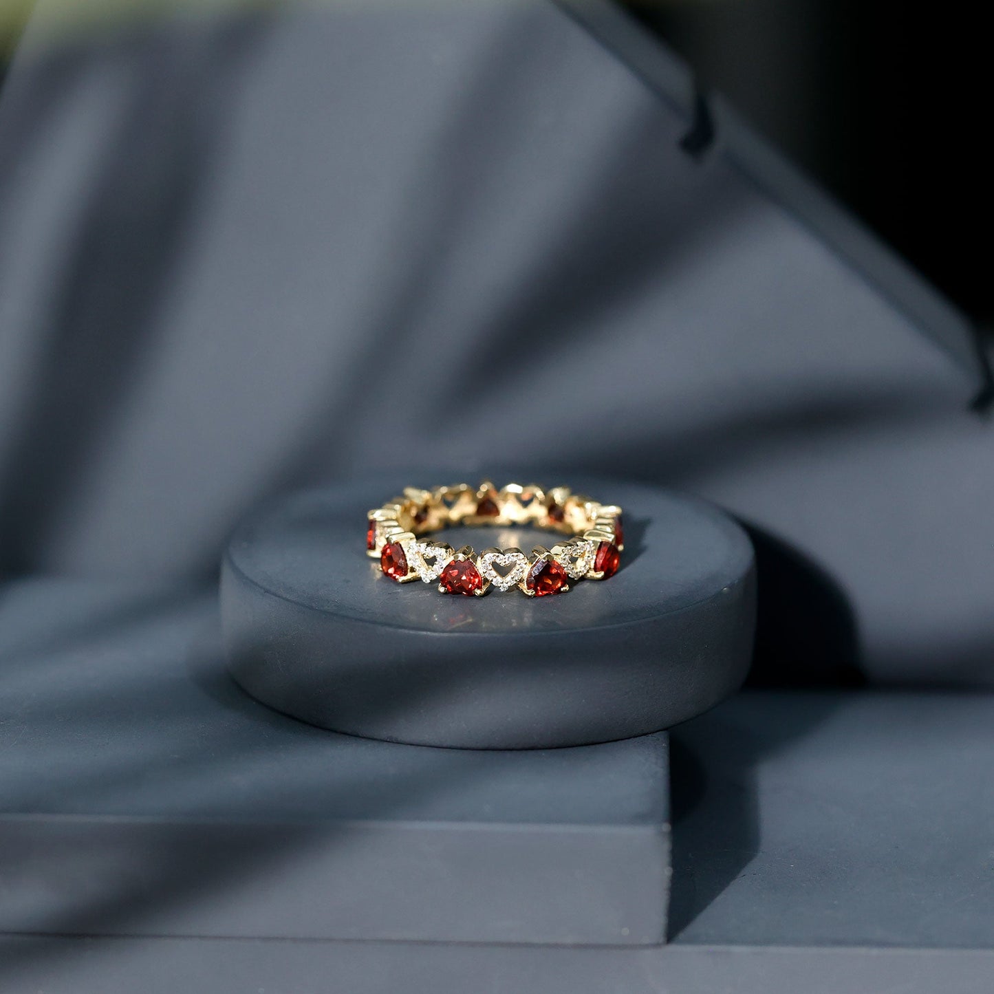Natural Garnet Diamond Heart Eternity Ring for Anniversary