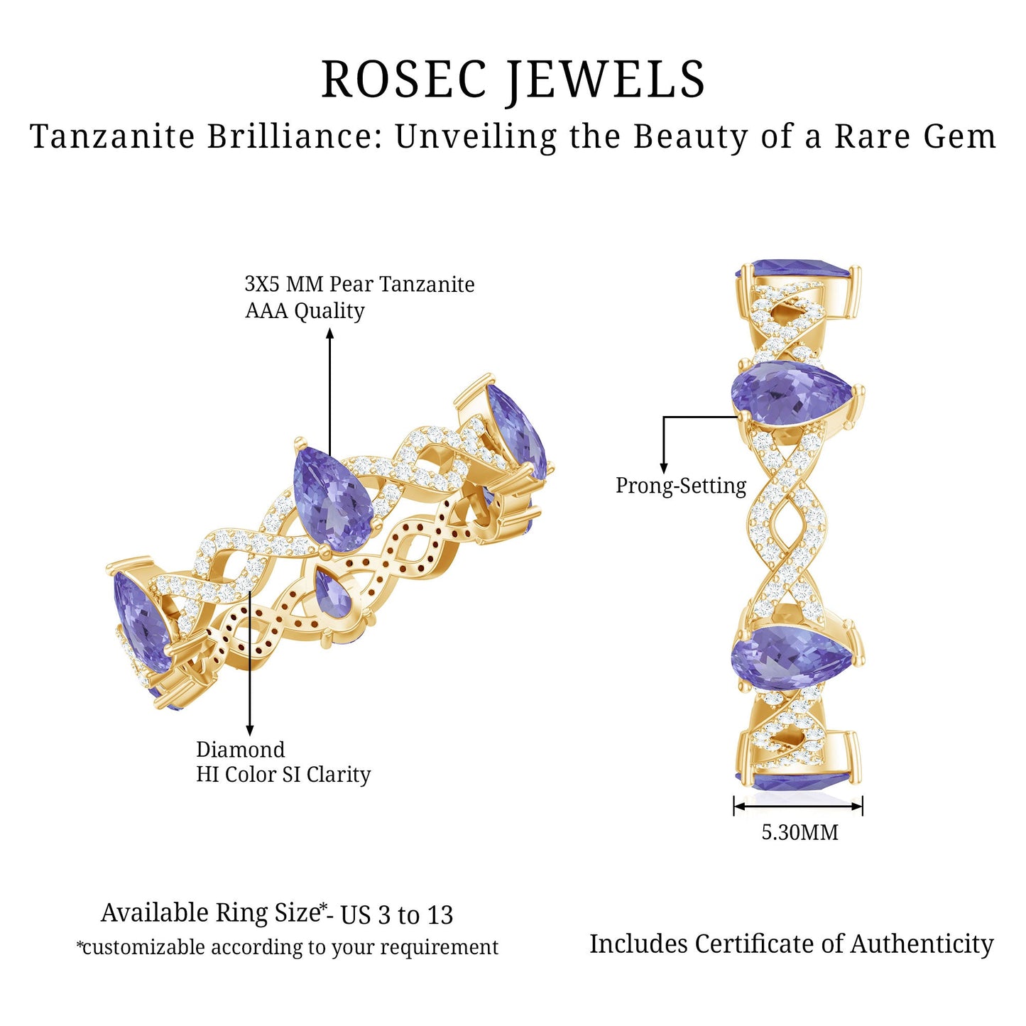 Natural Pear Shape Tanzanite Diamond Eternity Ring with Crossover Shank
