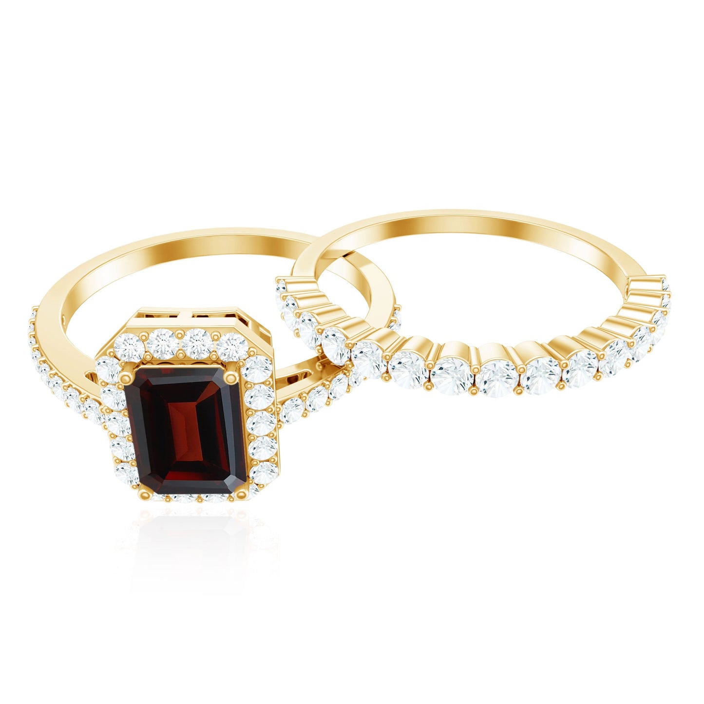 Genuine 2 Carat Emerald Cut Garnet Moissanite Wedding Ring Set of 2