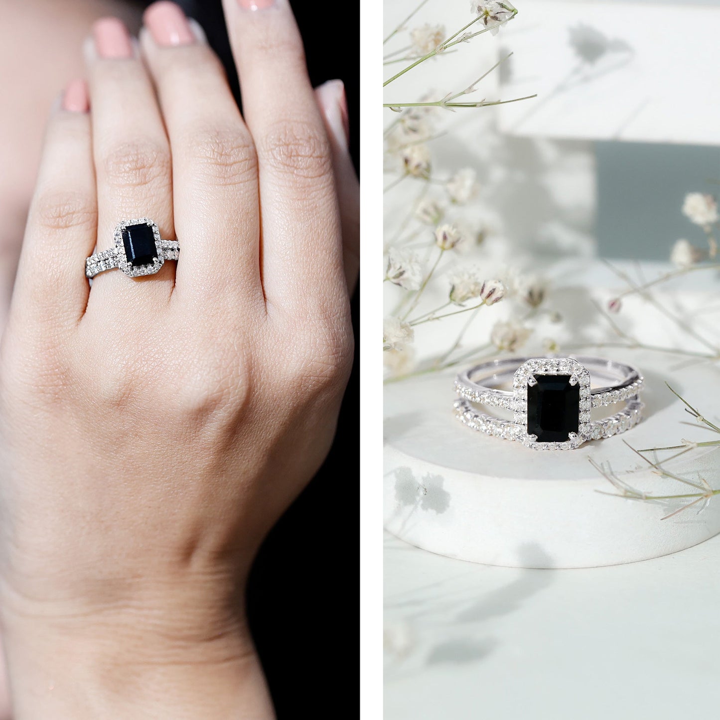 Emerald Cut Black Onyx Wedding Ring Set with Moissanite