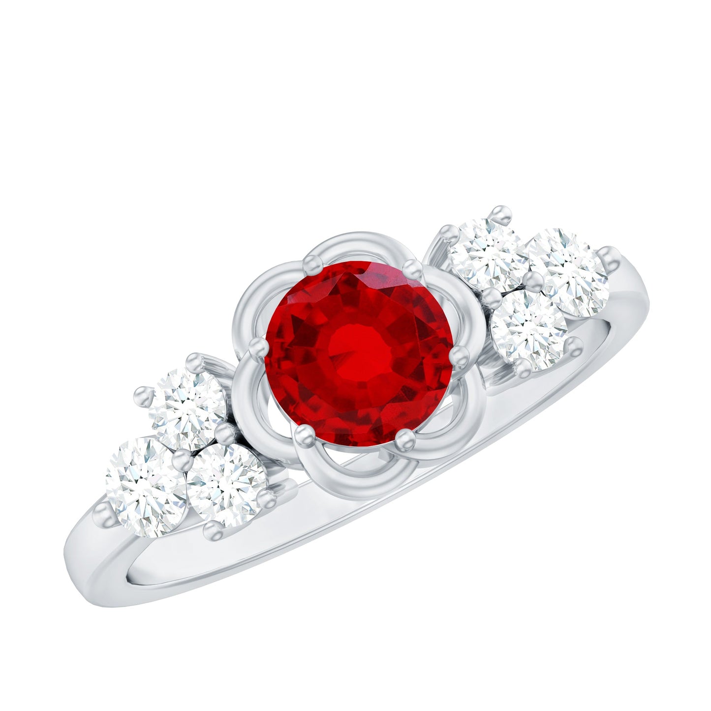 Nature Inspired 1.3 Carat Lab Grown Ruby Engagement Ring with Diamond Trio