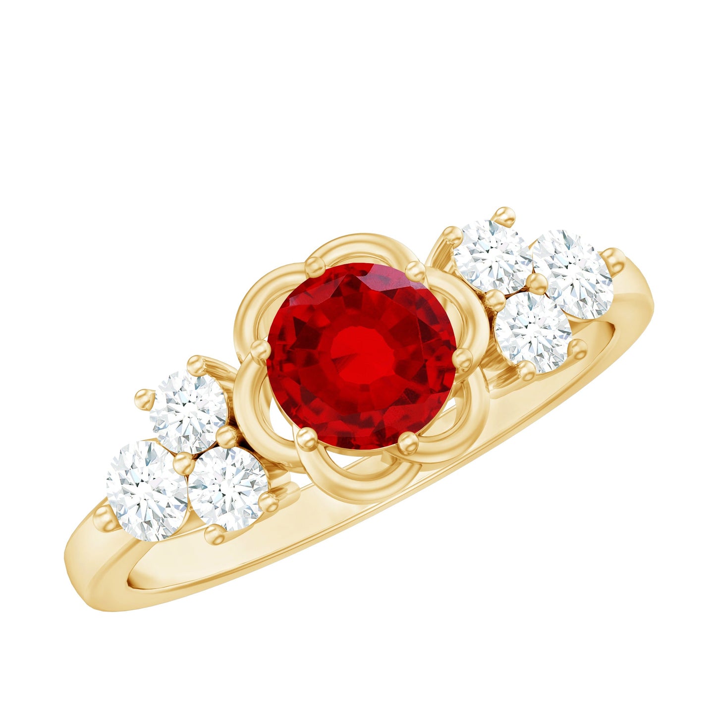 Nature Inspired 1.3 Carat Lab Grown Ruby Engagement Ring with Diamond Trio