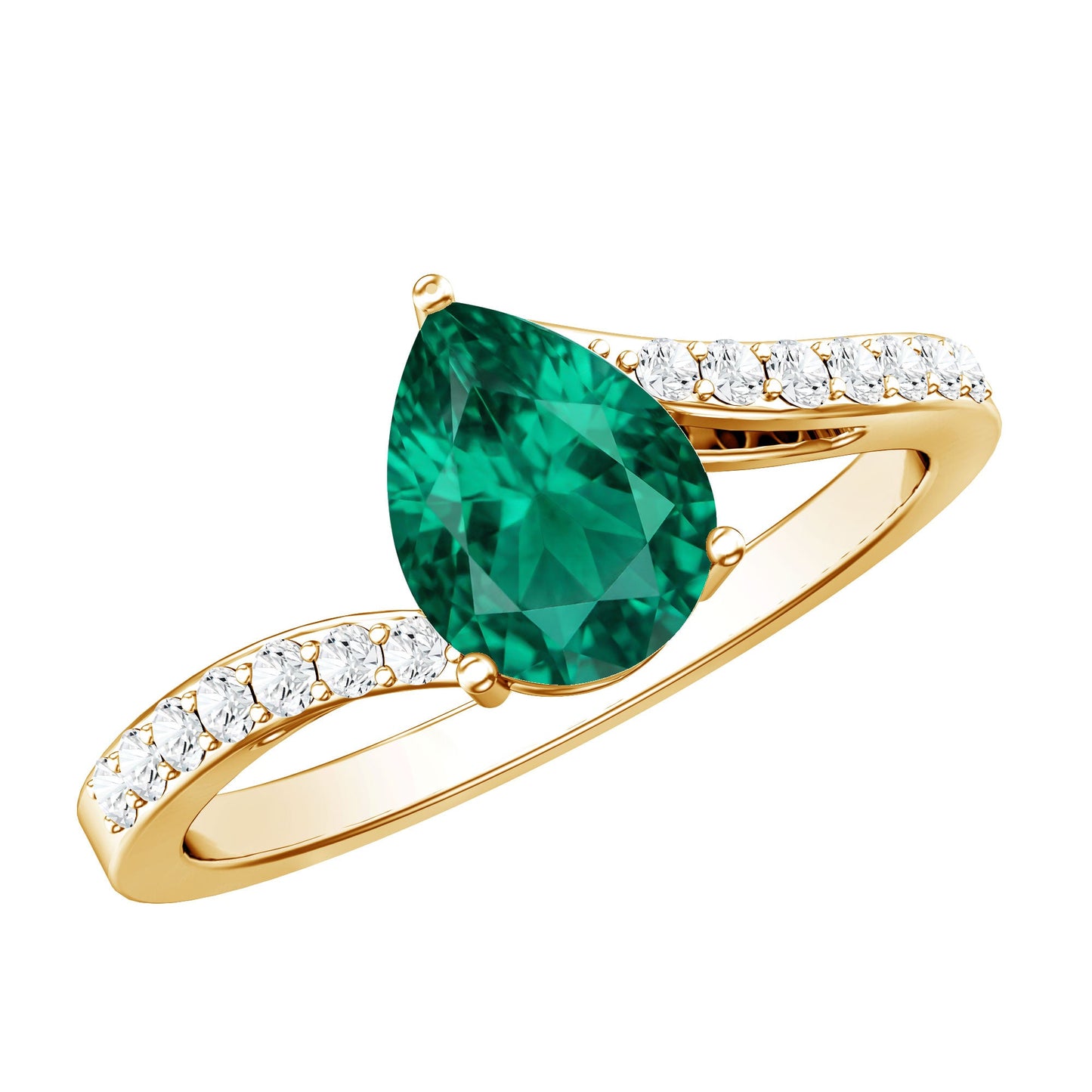 Classic Lab Grown Emerald Diamond Teardrop Engagement Ring with Bypass Shank