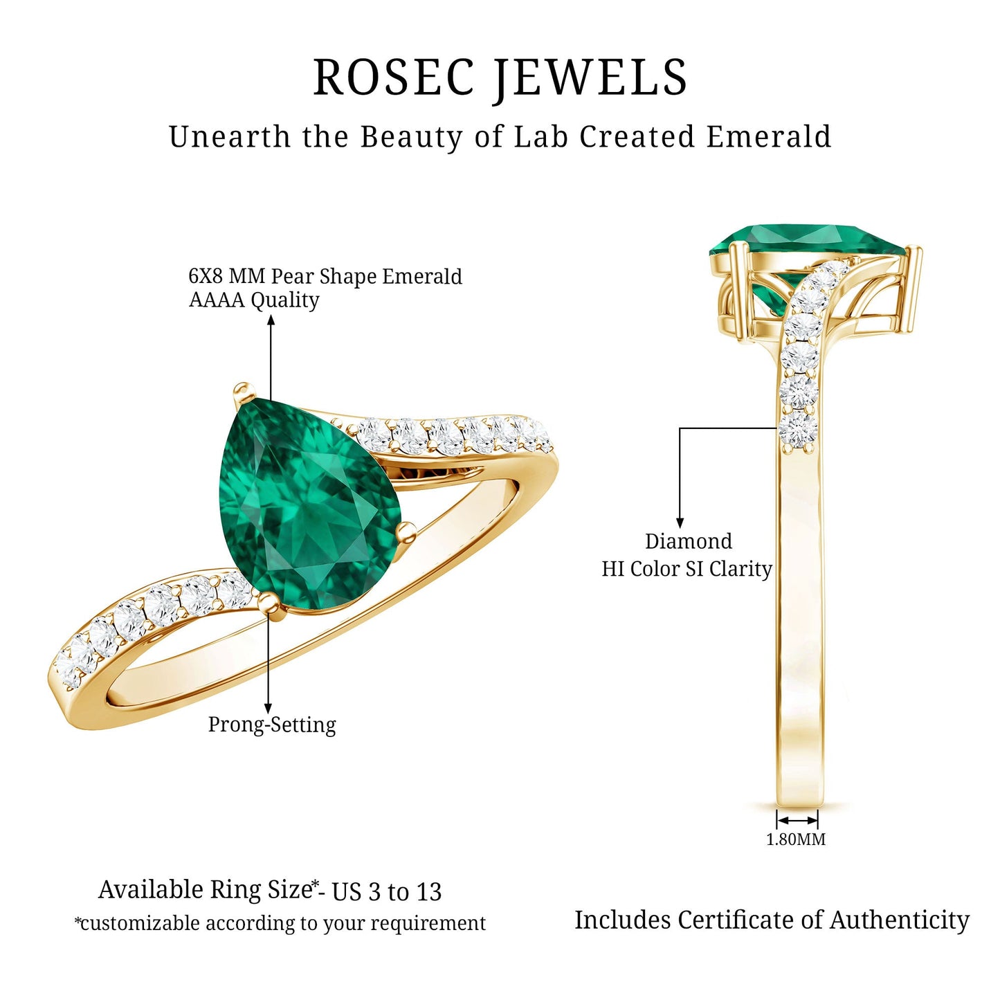 Classic Lab Grown Emerald Diamond Teardrop Engagement Ring with Bypass Shank