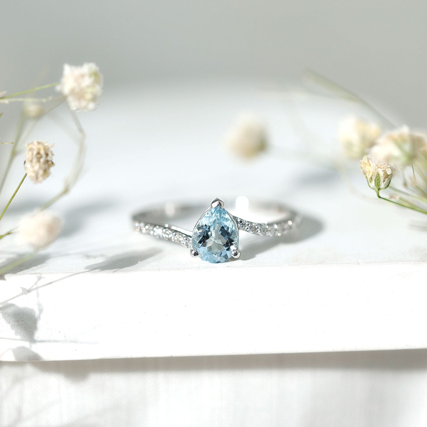 Pear Cut Aquamarine Teardrop Engagement Ring with Diamond