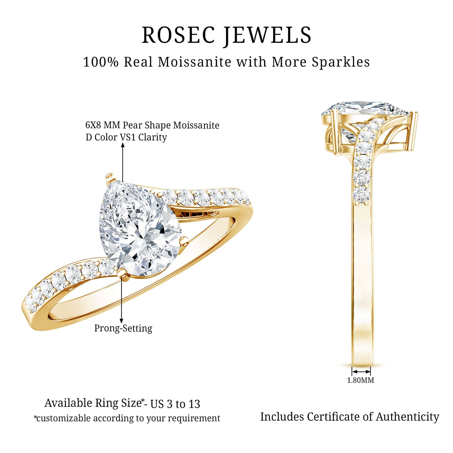 Pear Shape Moissanite Solitaire Bypass Engagement Ring