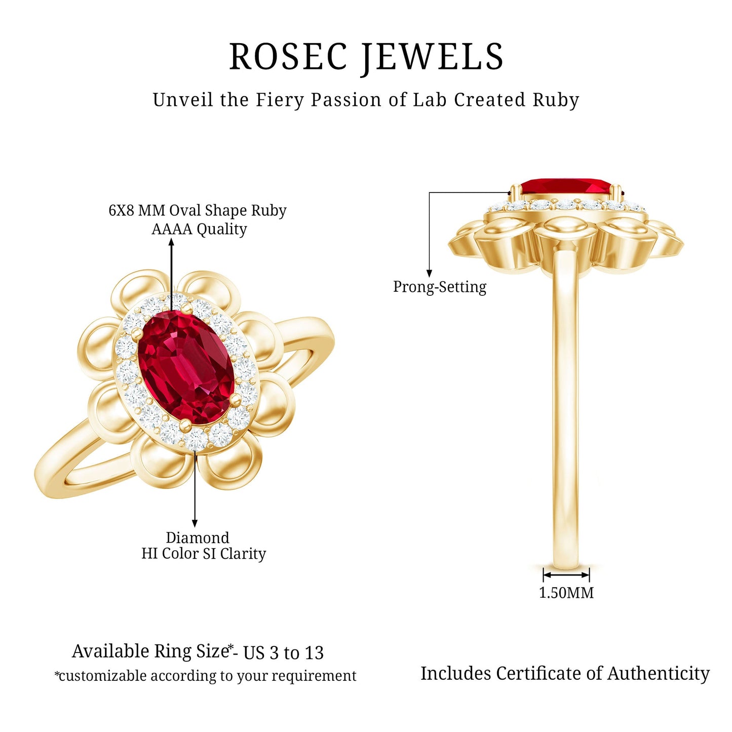 Certified 1.5 Carat Lab Grown Ruby Flower Engagement Ring with Diamond