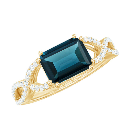 2.2 Carat Emerald Cut London Blue Topaz East West Engagement Ring with Diamond