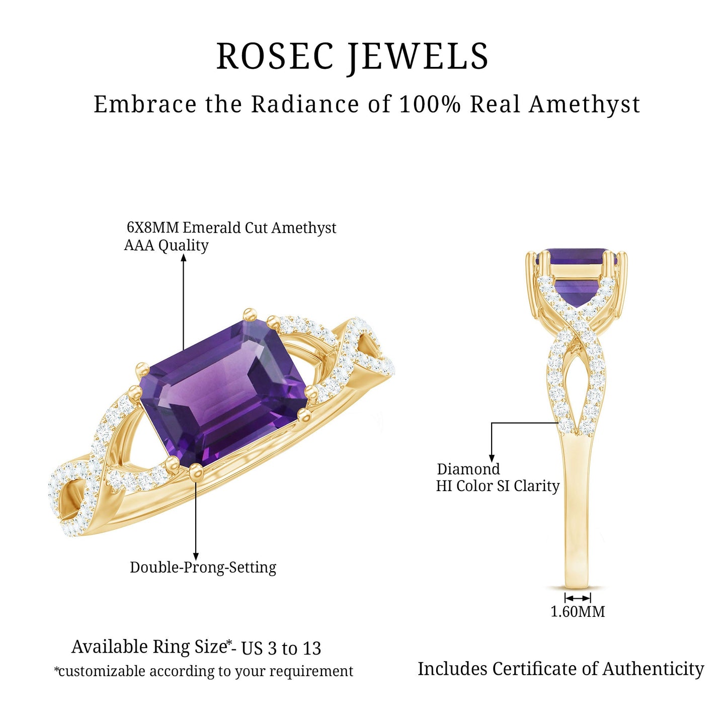 East West Style 1.4 Carat Emerald Cut Amethyst Engagement Ring with Diamonds