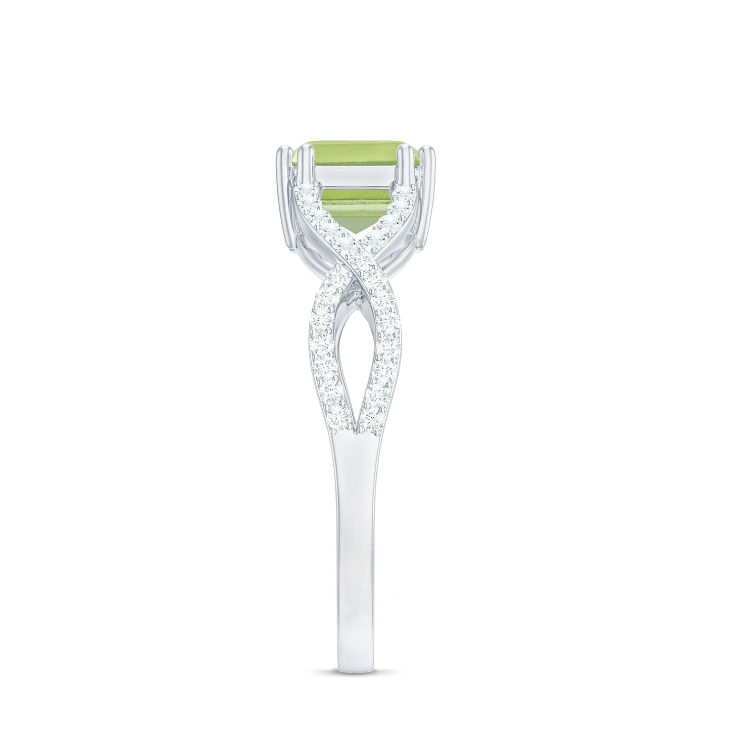1.8 Carat Emerald Cut Peridot Engagement Ring Diamond Crossover Shank