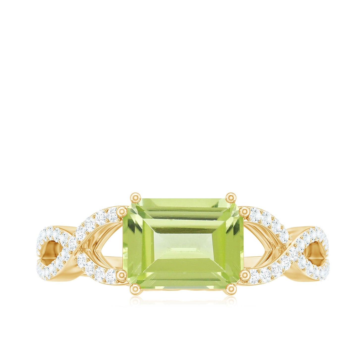 1.8 Carat Emerald Cut Peridot Engagement Ring Diamond Crossover Shank