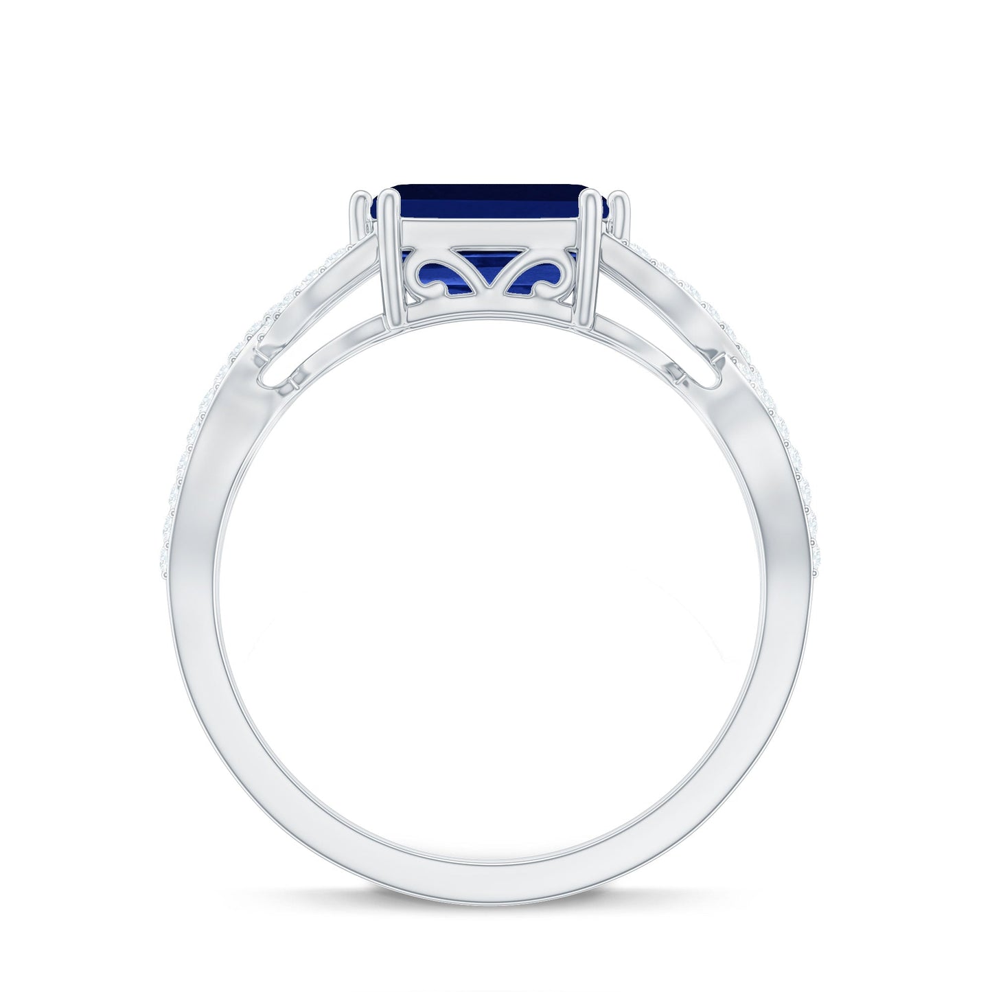 Certified 1.75 Carat Lab Created Blue Sapphire East West Engagement Ring with Diamond Crossover Shank