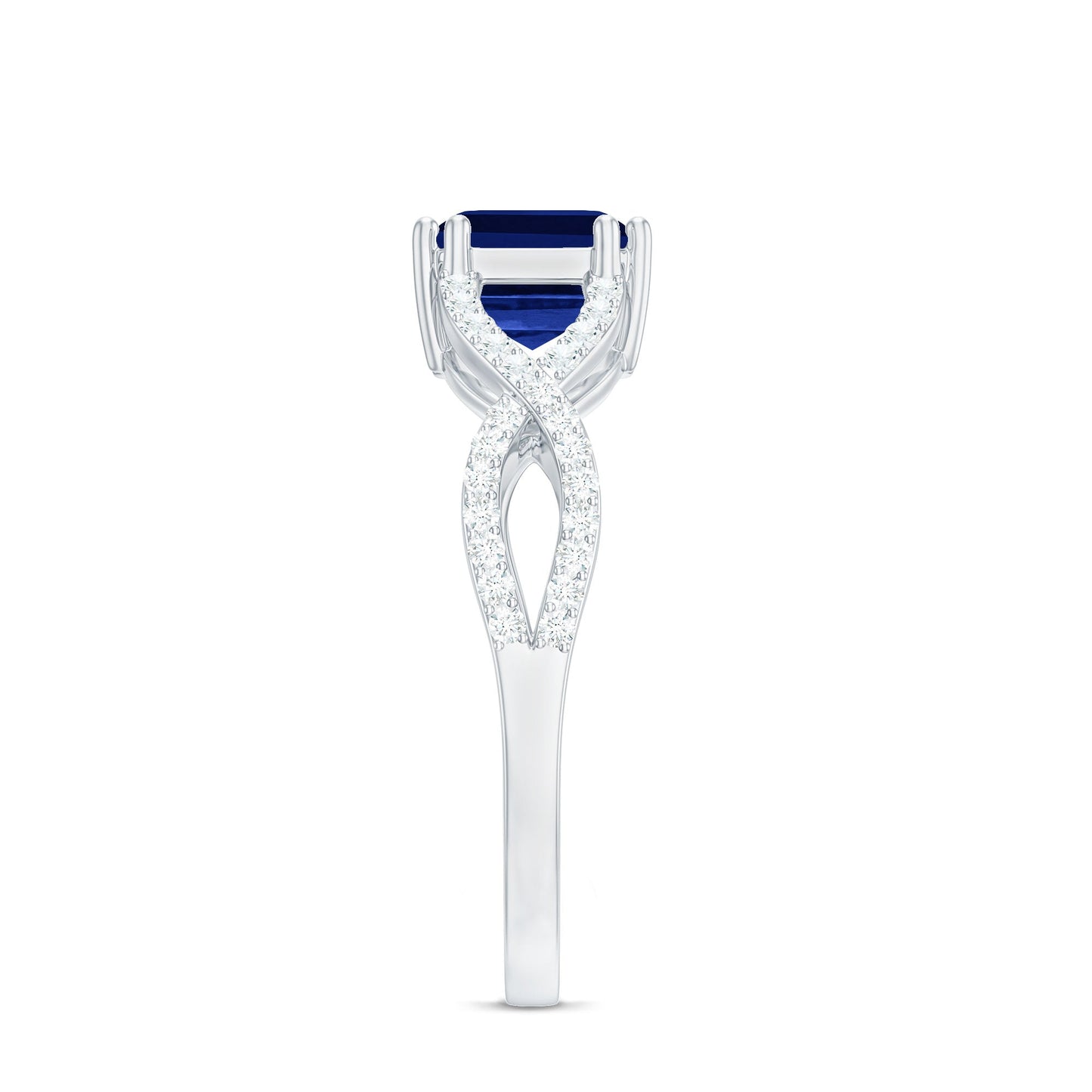 Certified 1.75 Carat Lab Created Blue Sapphire East West Engagement Ring with Diamond Crossover Shank