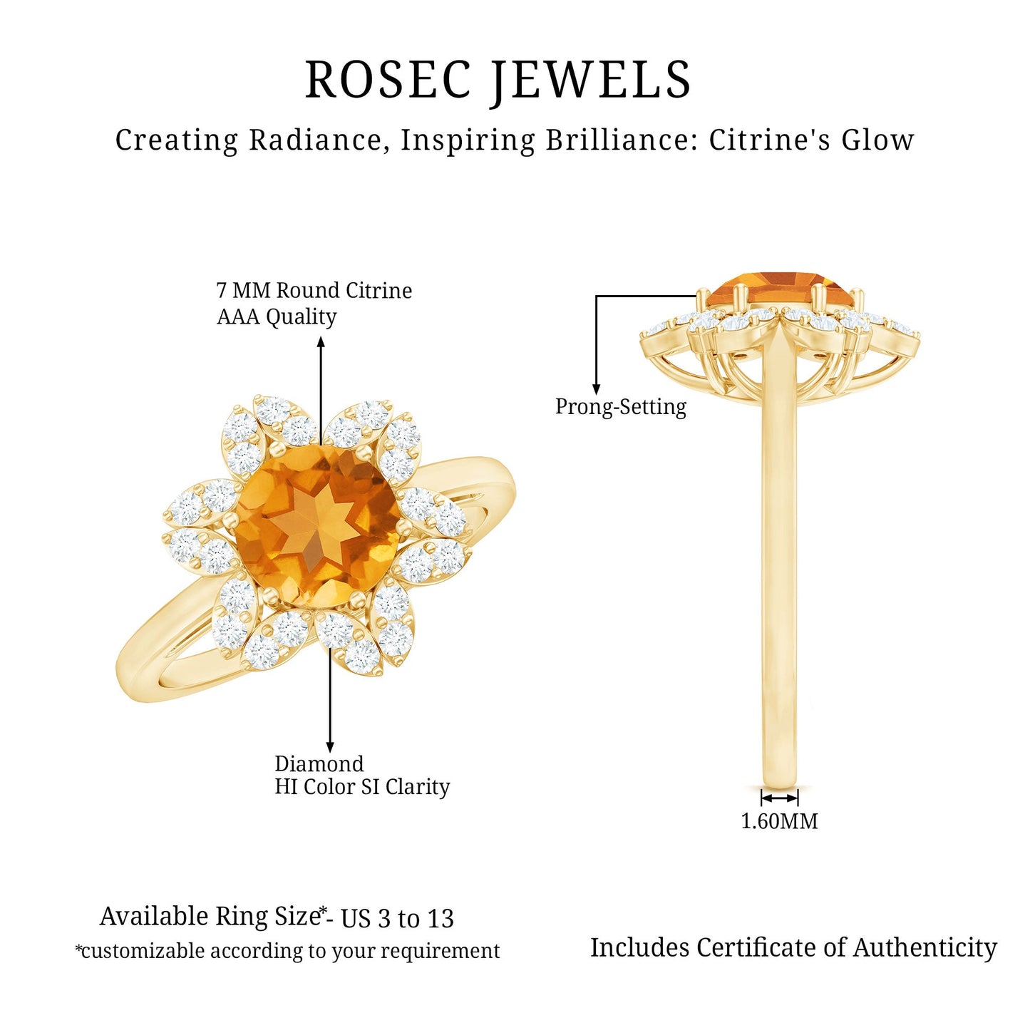 Natural Citrine Floral Engagement Ring with Diamond