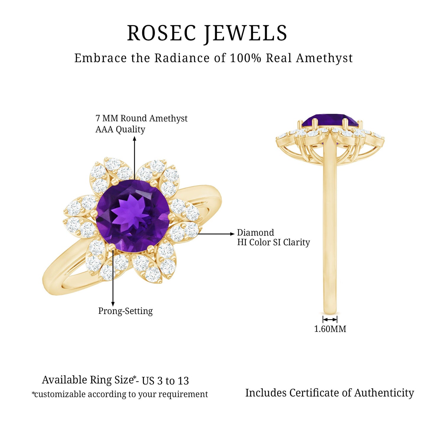 Round Amethyst Flower Engagement Ring with Diamond