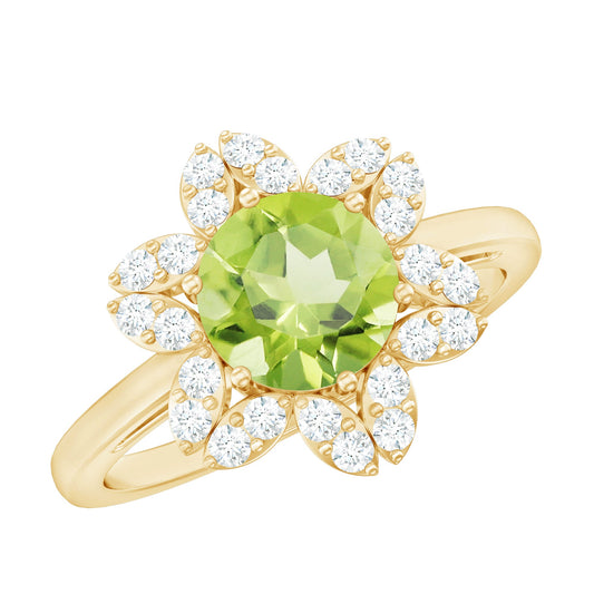 2 Carat Natural Peridot Flower Engagement Ring with Diamond