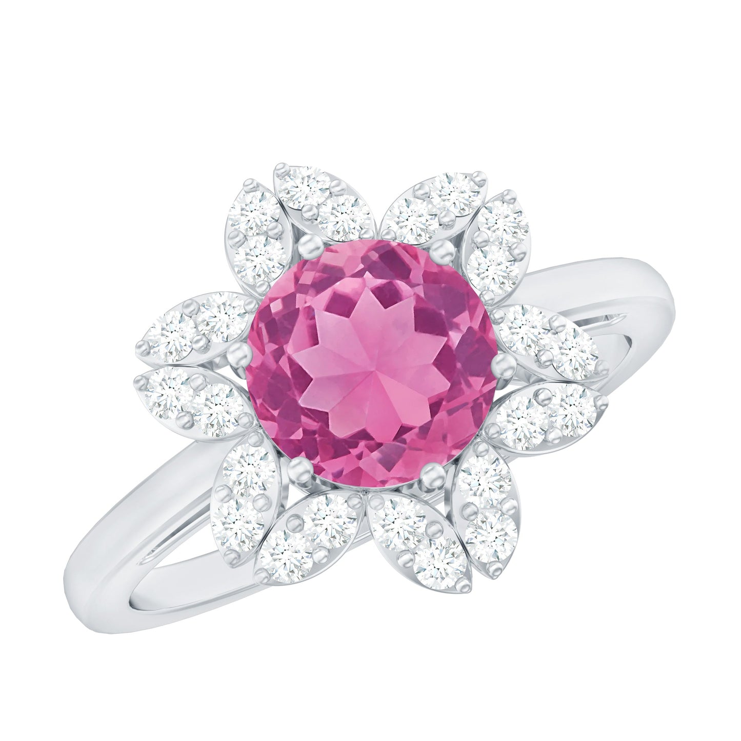 Real 1.2 Carat Round Pink Tourmaline Flower Engagement Ring with Diamond