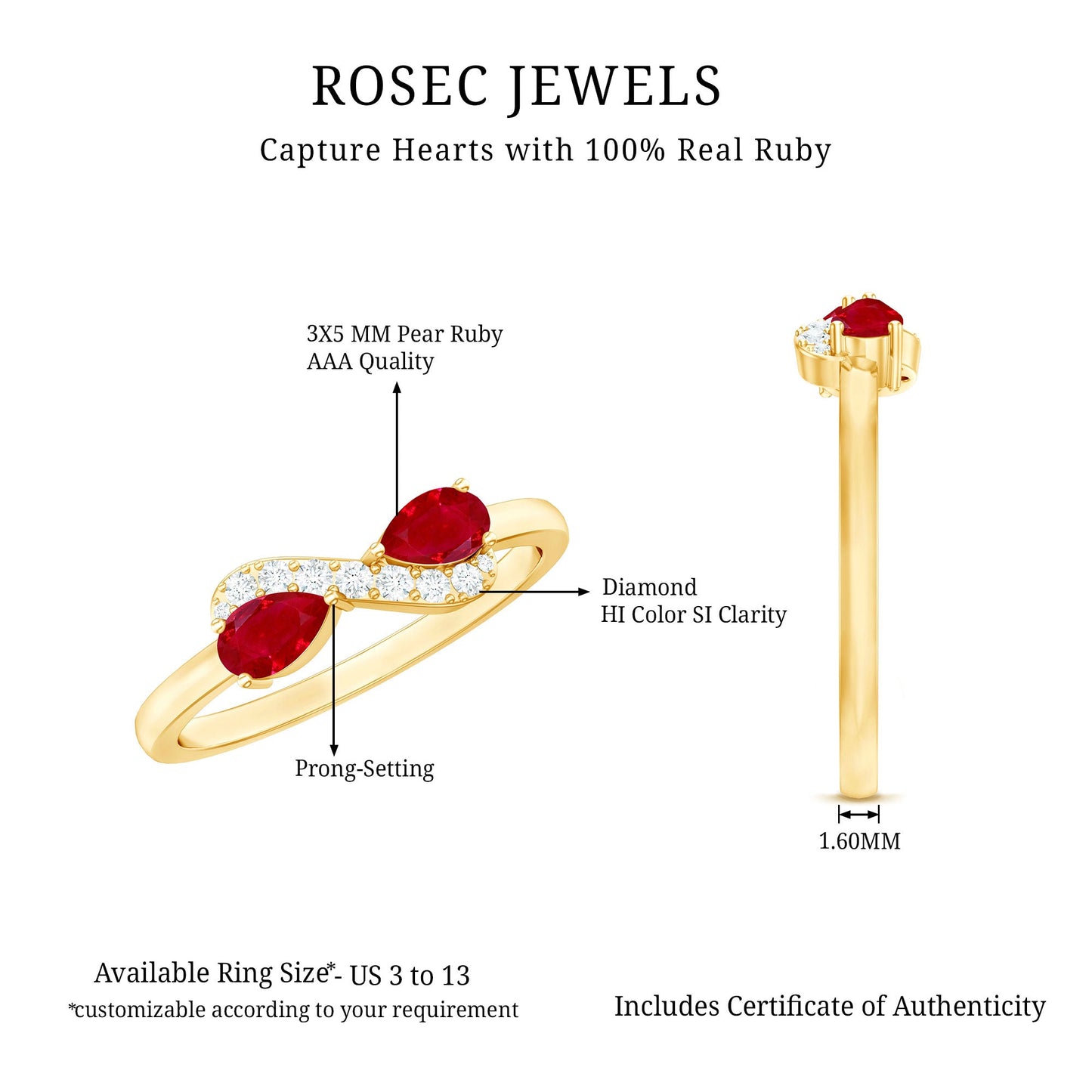 Natural Pear Shape Ruby Toi Et Moi Promise Ring with Diamond