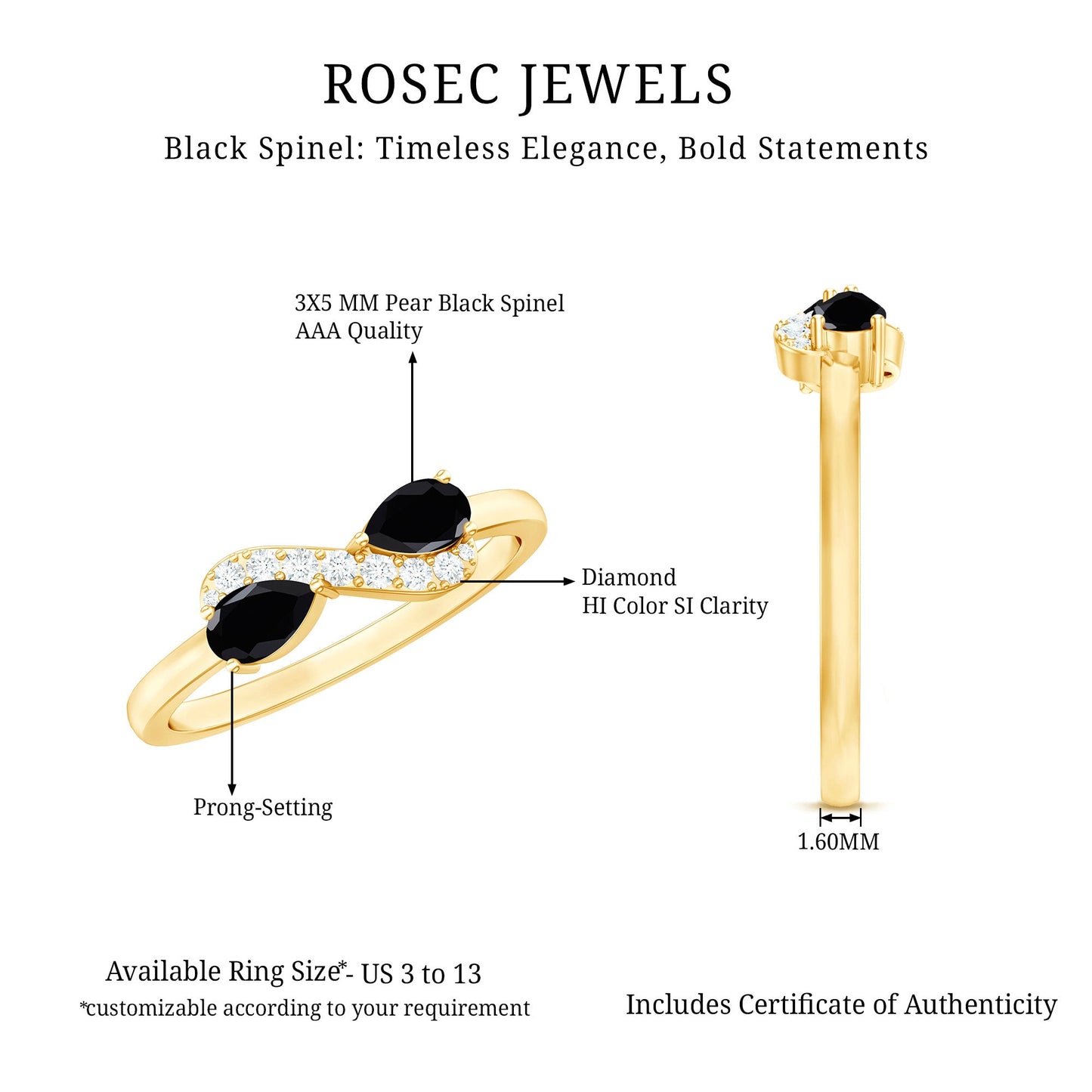 Natural Black Spinel Diamond 2 Stone Promise Ring in East West Style