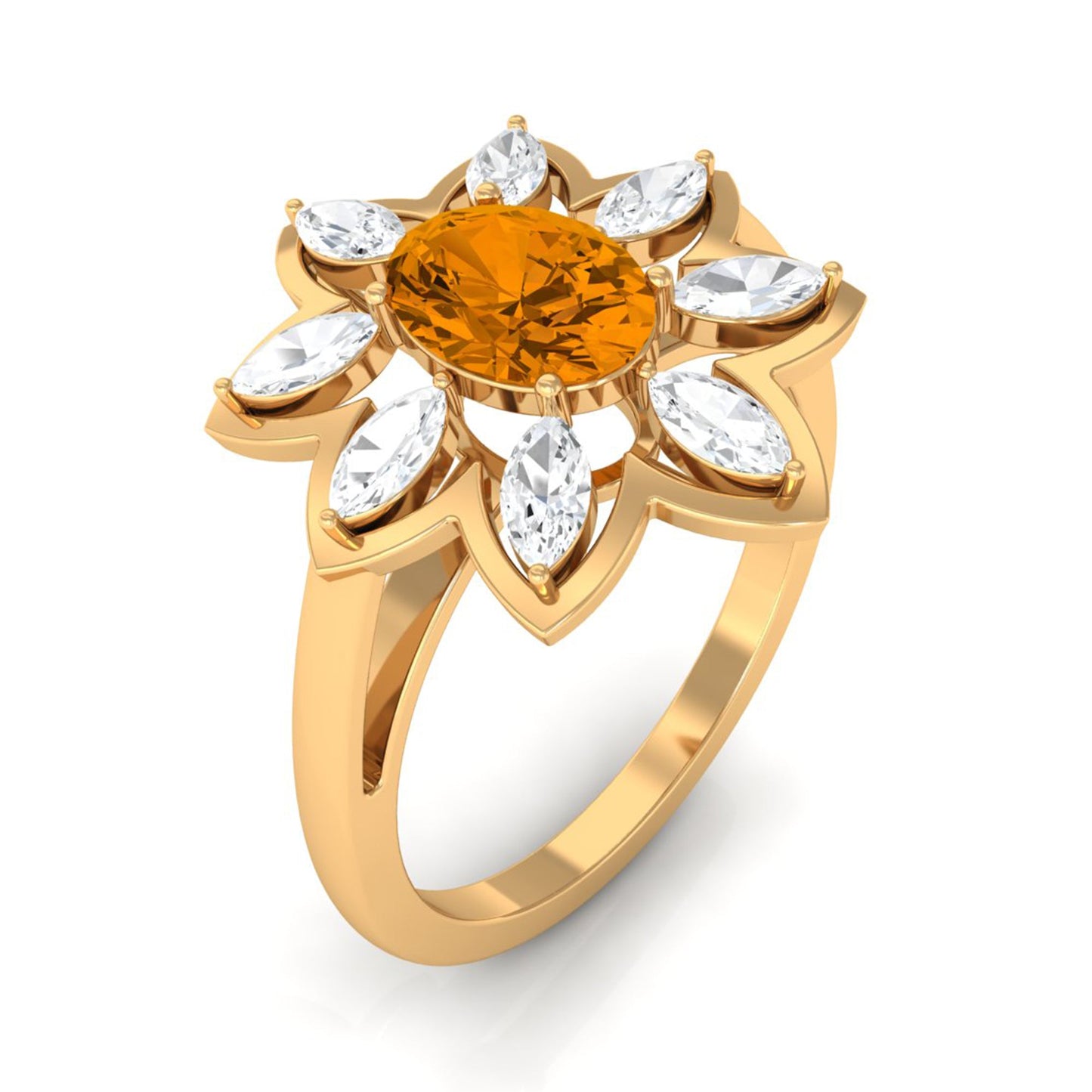 1 Carat Oval Cut Citrine Flower Engagement Ring with Diamond Stones