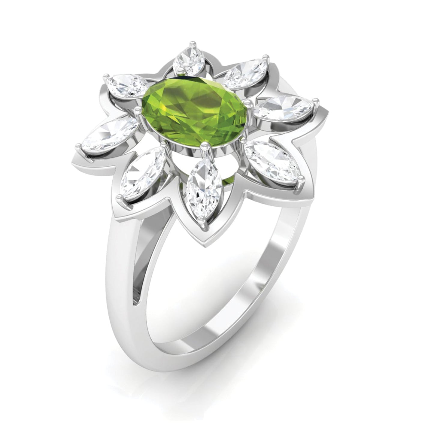 Oval Cut Peridot and Diamond Flower Engagement Ring with Certificate