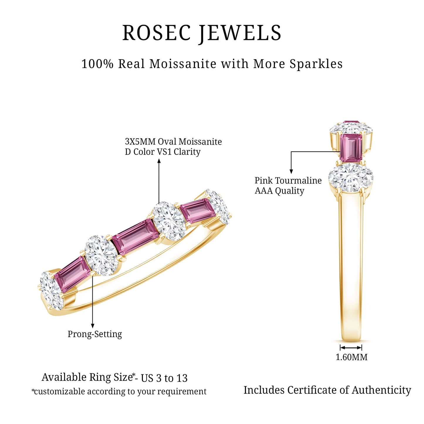 Natural Pink Tourmaline Semi Eternity Ring with Moissanite