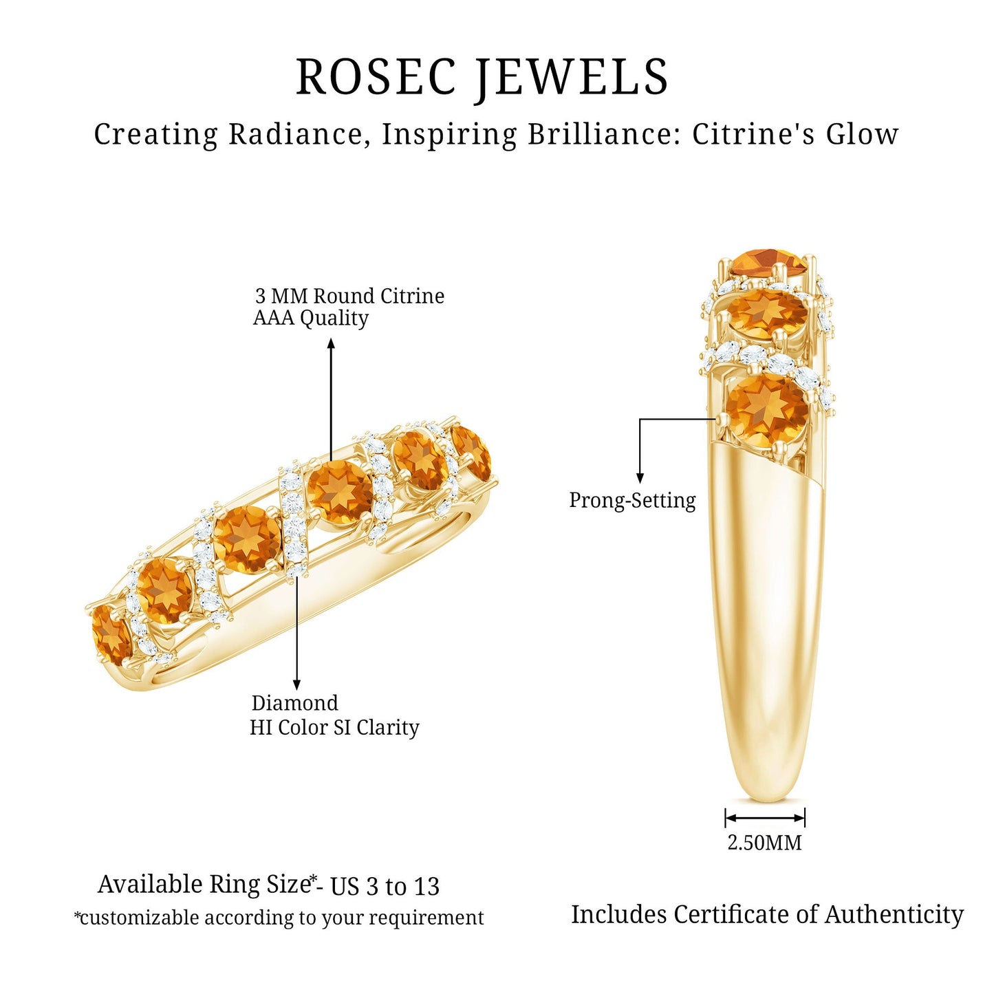 Natural Citrine Diamond Half Eternity Wedding Anniversary Ring