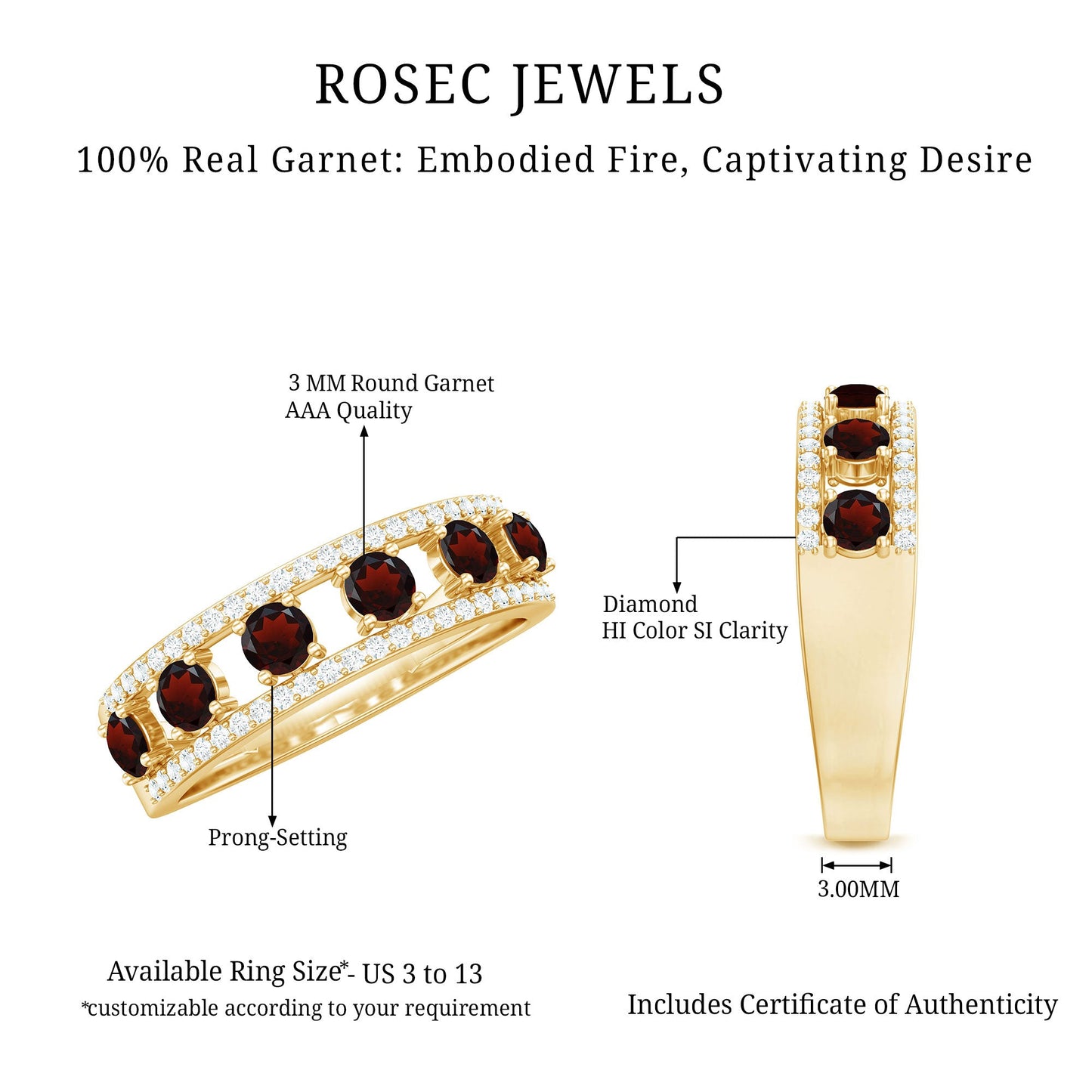Natural Garnet Half Eternity Band with Diamond